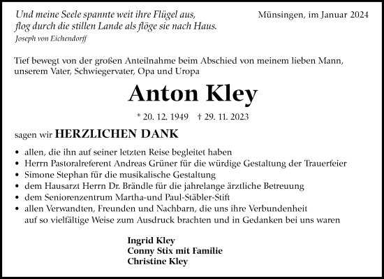 Traueranzeige von Anton Kley von Alb-Bote/Metzinger-Uracher Volksblatt