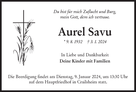 Traueranzeige von Aurel Savu von Hohenloher Tagblatt