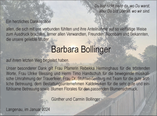 Traueranzeige von Barbara Bollinger von SÜDWEST PRESSE Ausgabe Ulm/Neu-Ulm