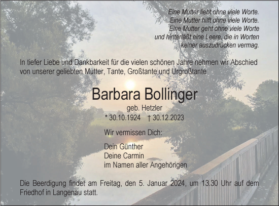 Traueranzeige von Barbara Bollinger von SÜDWEST PRESSE Ausgabe Ulm/Neu-Ulm