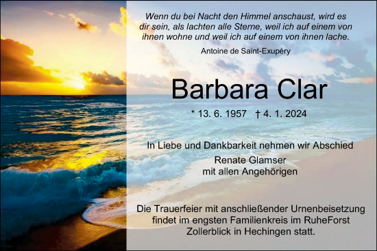 Traueranzeige von Barbara Clar von Hohenzollerische Zeitung