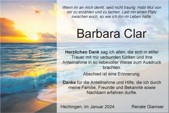 Traueranzeige von Barbara Clar von Hohenzollerische Zeitung