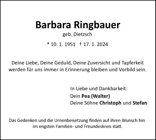 Traueranzeige von Barbara Ringbauer von SÜDWEST PRESSE Ausgabe Ulm/Neu-Ulm