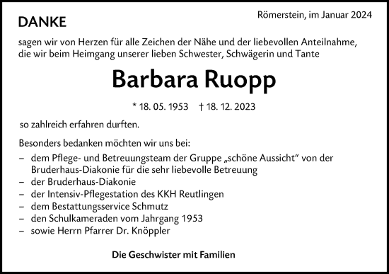 Traueranzeige von Barbara Ruopp von Alb-Bote/Metzinger-Uracher Volksblatt