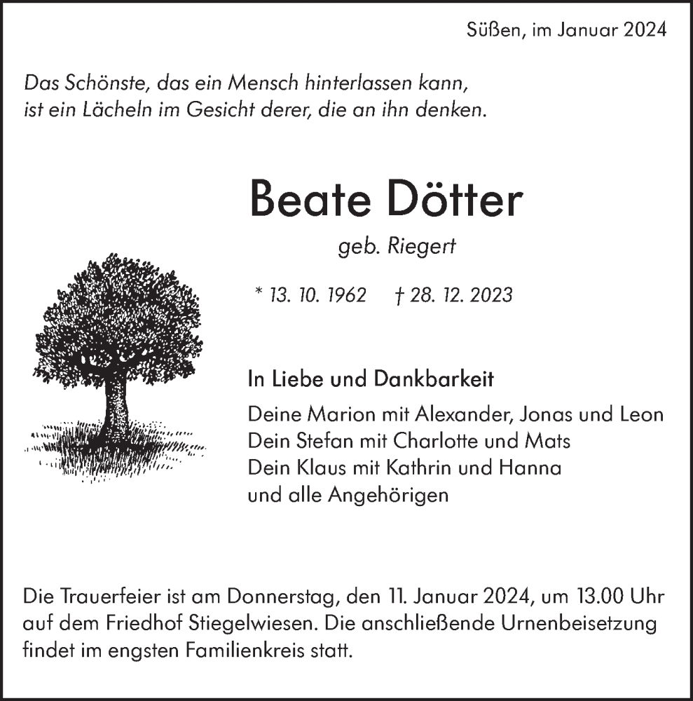  Traueranzeige für Beate Dötter vom 05.01.2024 aus NWZ Neue Württembergische Zeitung