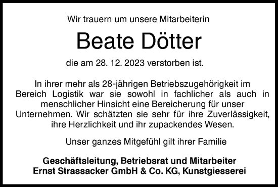 Traueranzeige von Beate Dötter von NWZ Neue Württembergische Zeitung