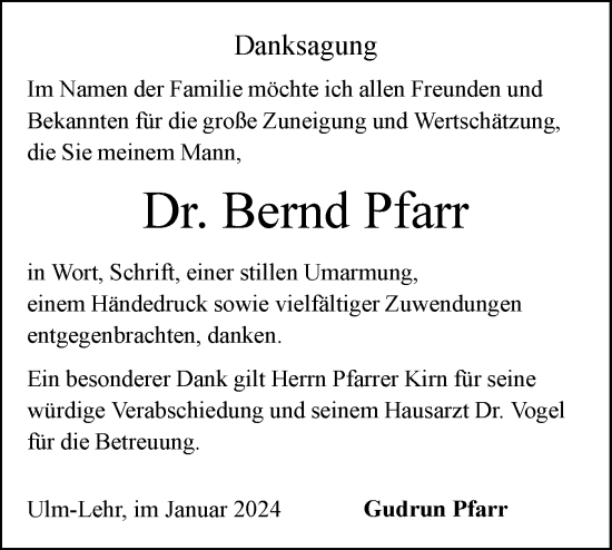 Traueranzeige von Bernd Pfarr von SÜDWEST PRESSE Ausgabe Ulm/Neu-Ulm