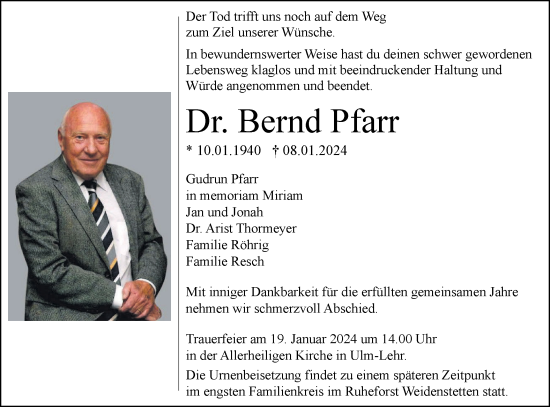 Traueranzeige von Bernd Pfarr von SÜDWEST PRESSE Ausgabe Ulm/Neu-Ulm