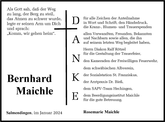 Traueranzeige von Bernhard Maichle von Hohenzollerische Zeitung