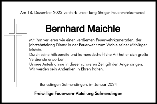 Traueranzeige von Bernhard Maichle von Hohenzollerische Zeitung