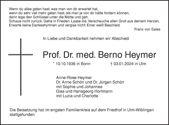 Traueranzeige von Berno Heymer von SÜDWEST PRESSE Ausgabe Ulm/Neu-Ulm