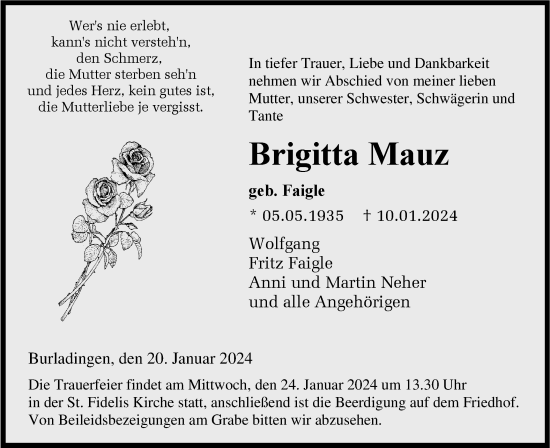 Traueranzeige von Brigitta Mauz von Hohenzollerische Zeitung