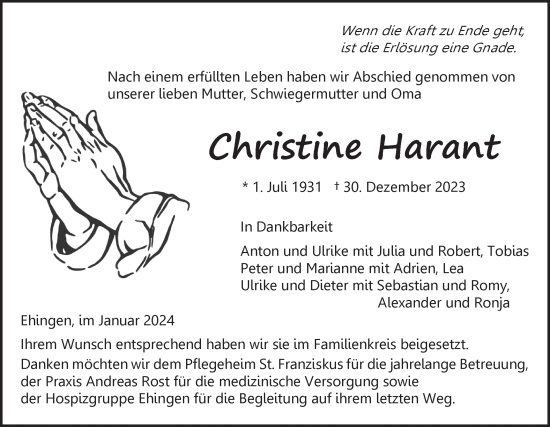 Traueranzeige von Christine Harant von Ehinger Tagblatt