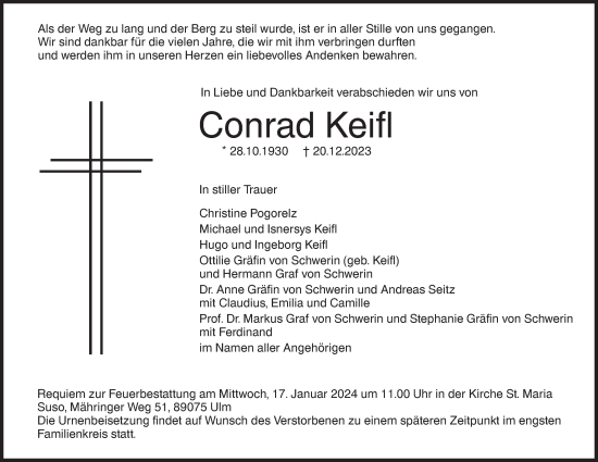 Traueranzeige von Conrad Keifl von SÜDWEST PRESSE Ausgabe Ulm/Neu-Ulm