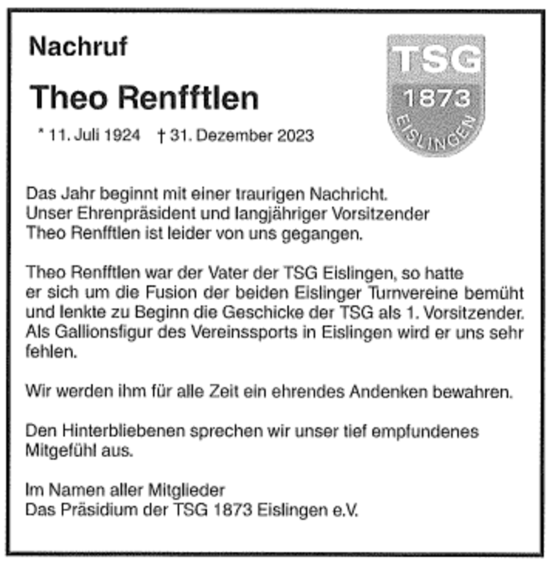 Traueranzeige von Theo Renfftlen von NWZ Neue Württembergische Zeitung