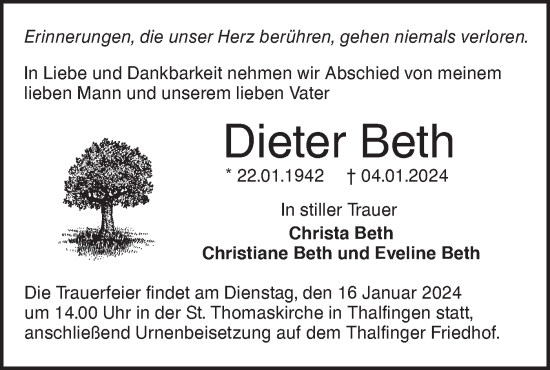 Traueranzeige von Dieter Beth von SÜDWEST PRESSE Ausgabe Ulm/Neu-Ulm