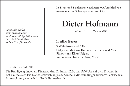 Traueranzeige von Dieter Hofmann von Hohenloher Tagblatt