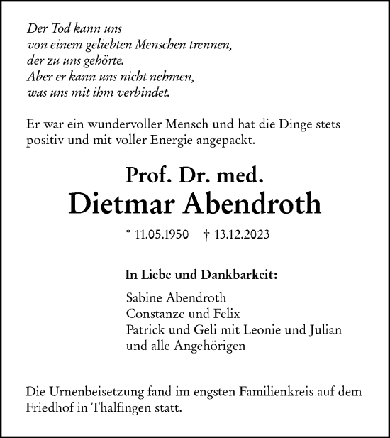 Traueranzeige von Dietmar Abendroth von SÜDWEST PRESSE Ausgabe Ulm/Neu-Ulm