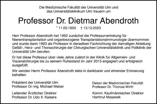 Traueranzeige von Dietmar Abendroth von SÜDWEST PRESSE Ausgabe Ulm/Neu-Ulm