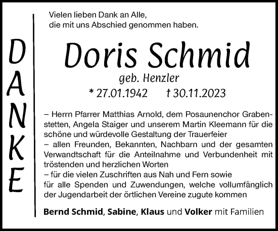 Traueranzeige von Doris Schmid von SÜDWEST PRESSE/SÜDWEST PRESSE