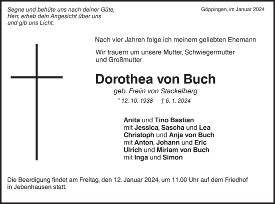 Traueranzeige von Dorothea von Buch von NWZ Neue Württembergische Zeitung