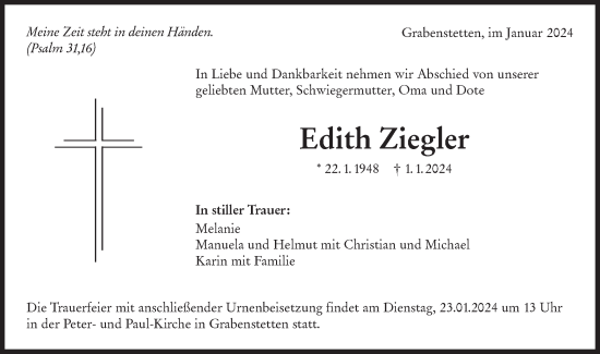 Traueranzeige von Edith Ziegler von SÜDWEST PRESSE/SÜDWEST PRESSE