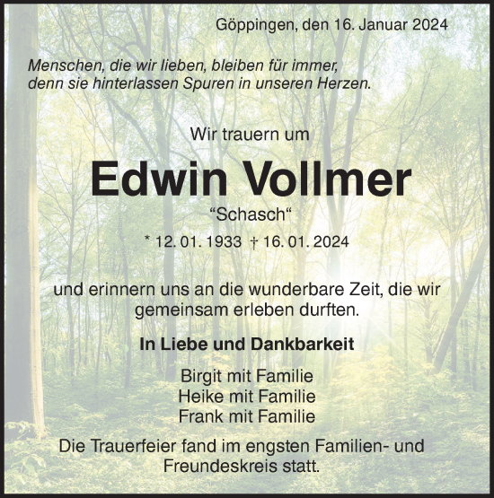 Traueranzeige von Edwin Vollmer von NWZ Neue Württembergische Zeitung