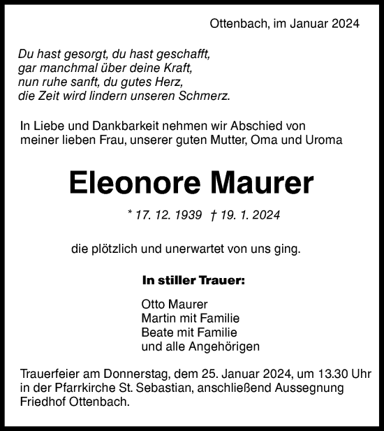 Traueranzeige von Eleonore Maurer von NWZ Neue Württembergische Zeitung