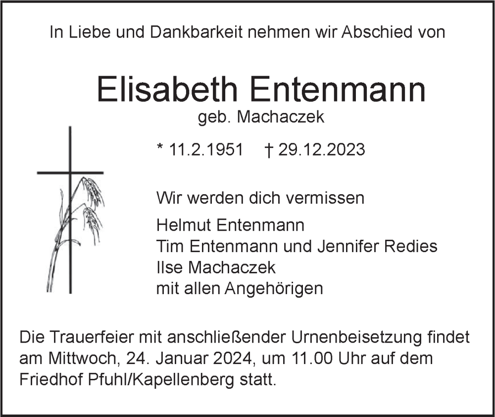  Traueranzeige für Elisabeth Entenmann vom 20.01.2024 aus SÜDWEST PRESSE Ausgabe Ulm/Neu-Ulm