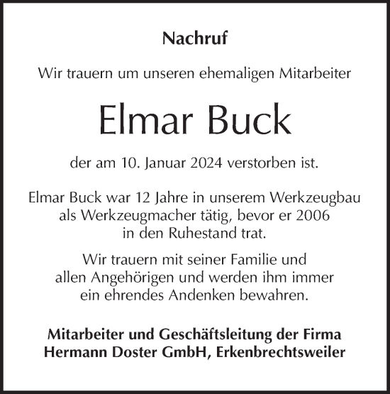 Traueranzeige von Elmar Buck von SÜDWEST PRESSE/SÜDWEST PRESSE