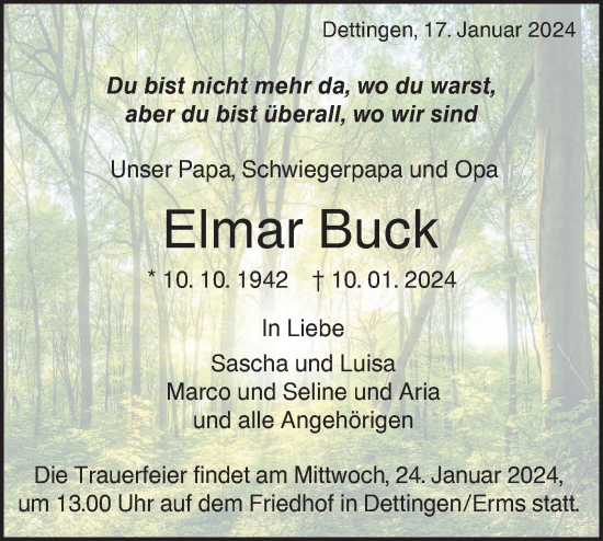 Traueranzeige von Elmar Buck von SÜDWEST PRESSE/SÜDWEST PRESSE