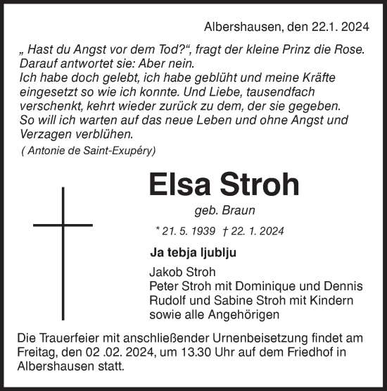 Traueranzeige von Elsa Stroh von NWZ Neue Württembergische Zeitung