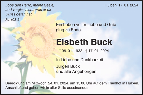 Traueranzeige von Elsbeth Buck von Alb-Bote/Metzinger-Uracher Volksblatt