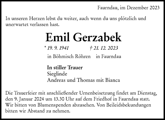 Traueranzeige von Emil Gerzabek von NWZ Neue Württembergische Zeitung