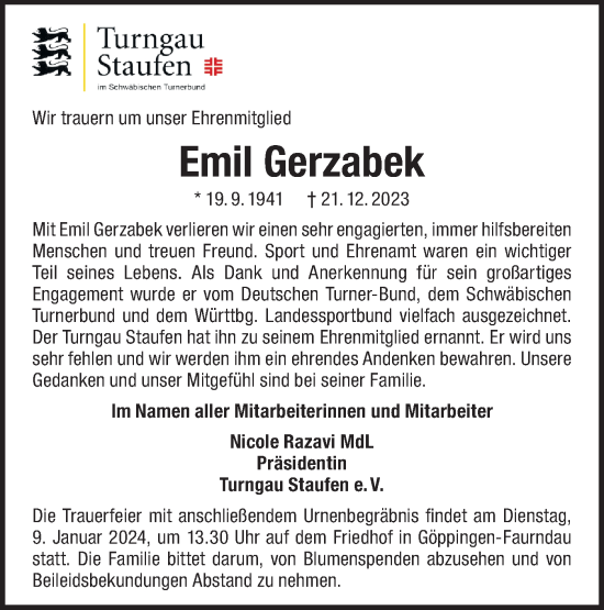 Traueranzeige von Emil Gerzabek von NWZ Neue Württembergische Zeitung/Geislinger Zeitung