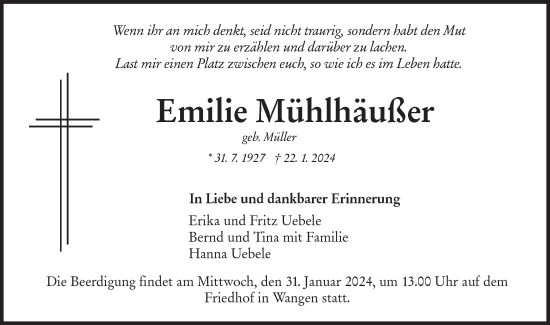 Traueranzeige von Emilie Mühlhäußer von NWZ Neue Württembergische Zeitung