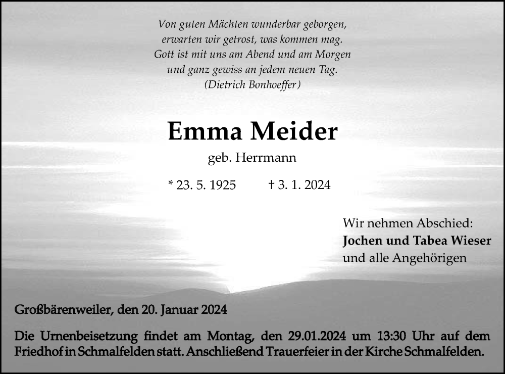  Traueranzeige für Emma Meider vom 20.01.2024 aus Hohenloher Tagblatt