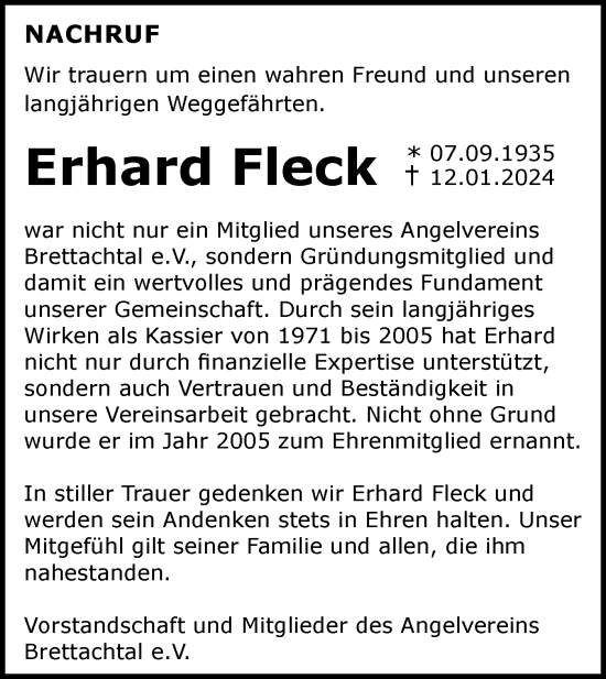 Traueranzeige von Erhard Fleck von Hohenloher Tagblatt