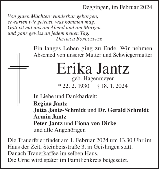 Traueranzeige von Erika Jantz von Geislinger Zeitung