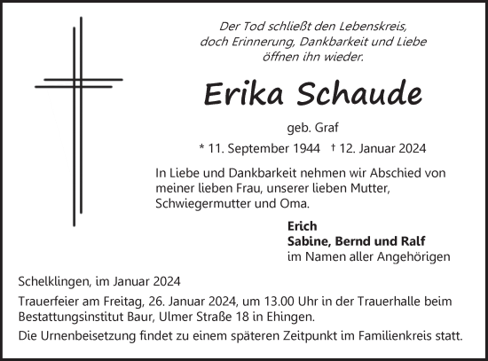 Traueranzeige von Erika Schaude von Ehinger Tagblatt