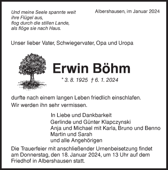 Traueranzeige von Erwin Böhm von NWZ Neue Württembergische Zeitung