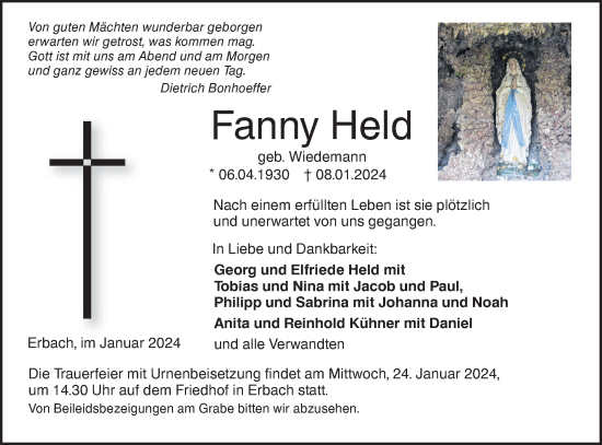 Traueranzeige von Fanny Held von SÜDWEST PRESSE Ausgabe Ulm/Neu-Ulm