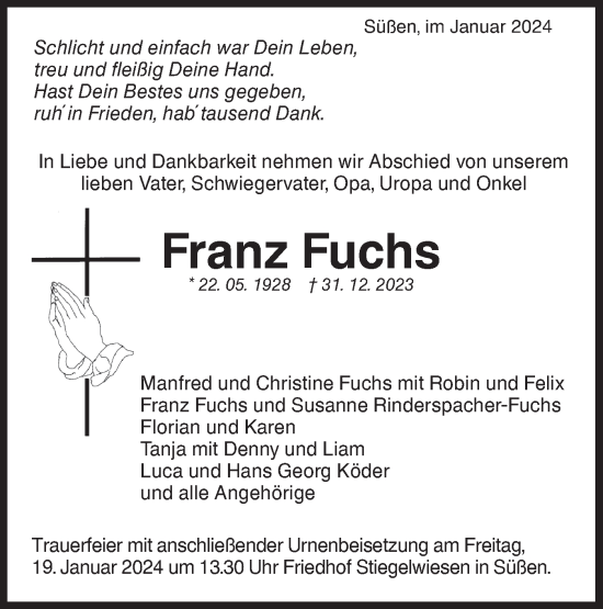 Traueranzeige von Franz Fuchs von NWZ Neue Württembergische Zeitung