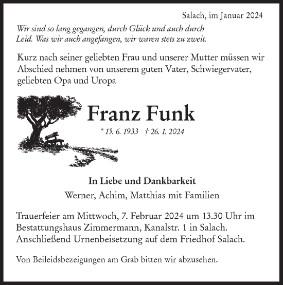 Traueranzeige von Franz Funk von NWZ Neue Württembergische Zeitung