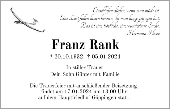 Traueranzeige von Franz Rank von NWZ Neue Württembergische Zeitung