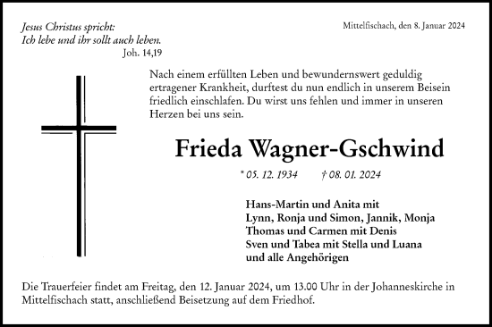 Traueranzeige von Frieda Wagner-Gschwind von Haller Tagblatt