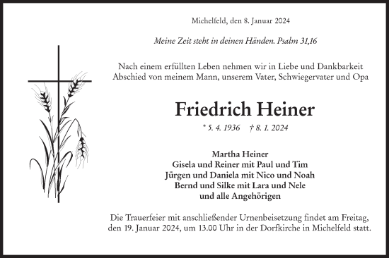 Traueranzeige von Friedrich Heiner von Haller Tagblatt