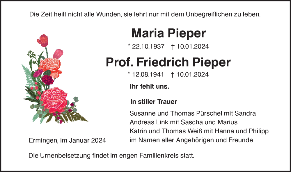  Traueranzeige für Friedrich Pieper vom 20.01.2024 aus SÜDWEST PRESSE Ausgabe Ulm/Neu-Ulm