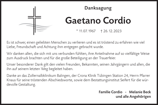 Traueranzeige von Gaetano Cordio von Hohenzollerische Zeitung