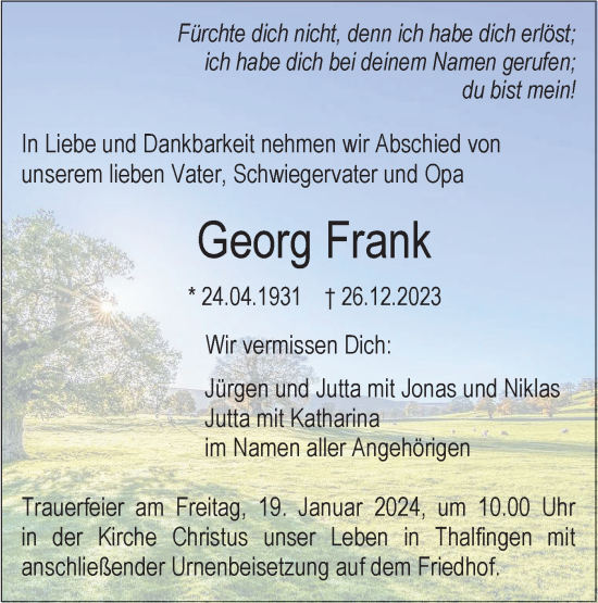 Traueranzeige von Georg Frank von SÜDWEST PRESSE Ausgabe Ulm/Neu-Ulm